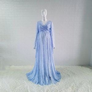 Long Maxi Baby Blue Boho Style Lace Maternity Dress For Photography.